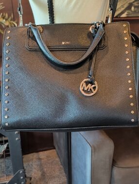 Michael Kors Black Leather Satchel with MK Charm and Stud Accents